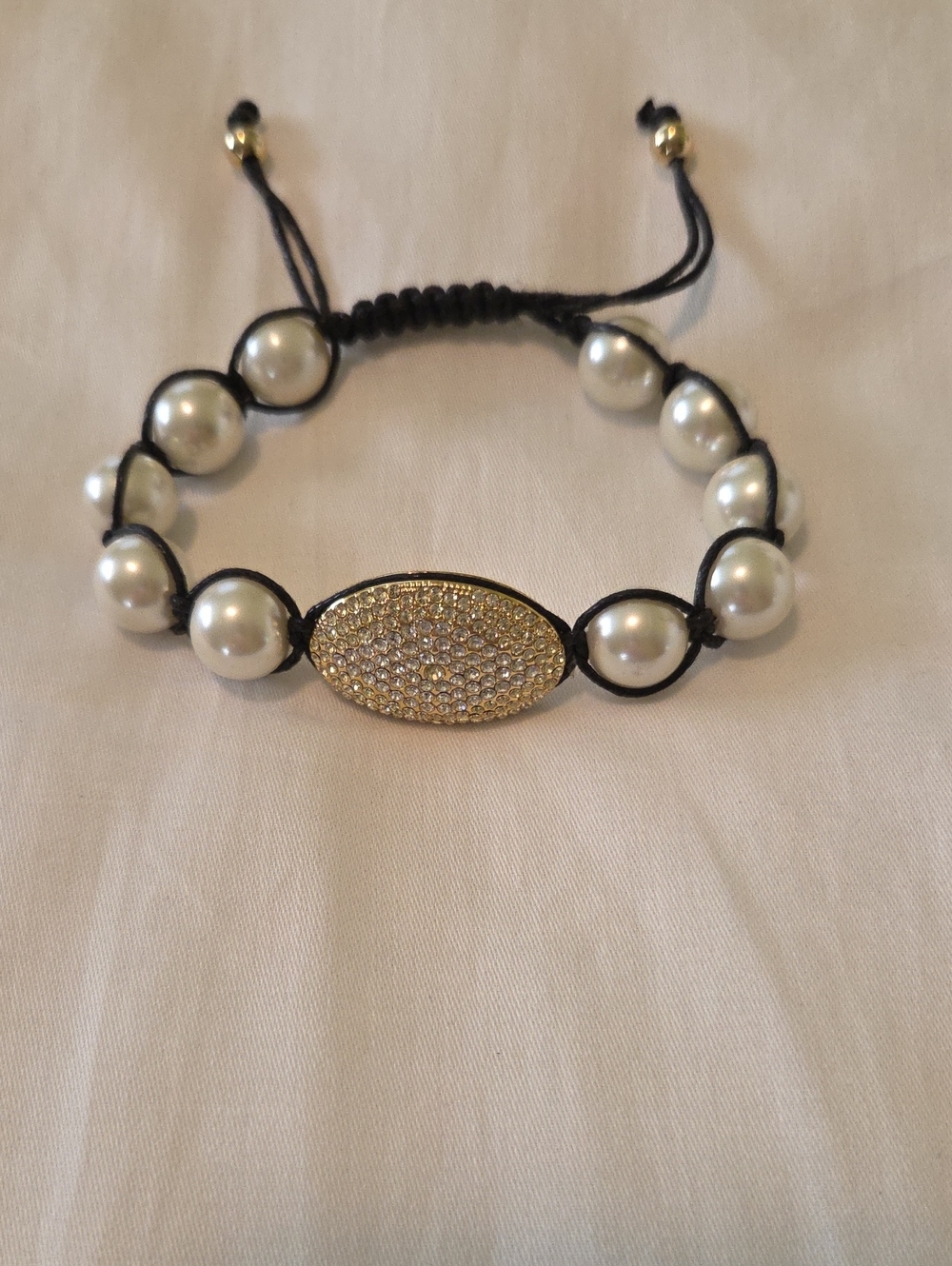 Pearl Beaded Adjustable Bracelet with Gold Pave Oval Accent